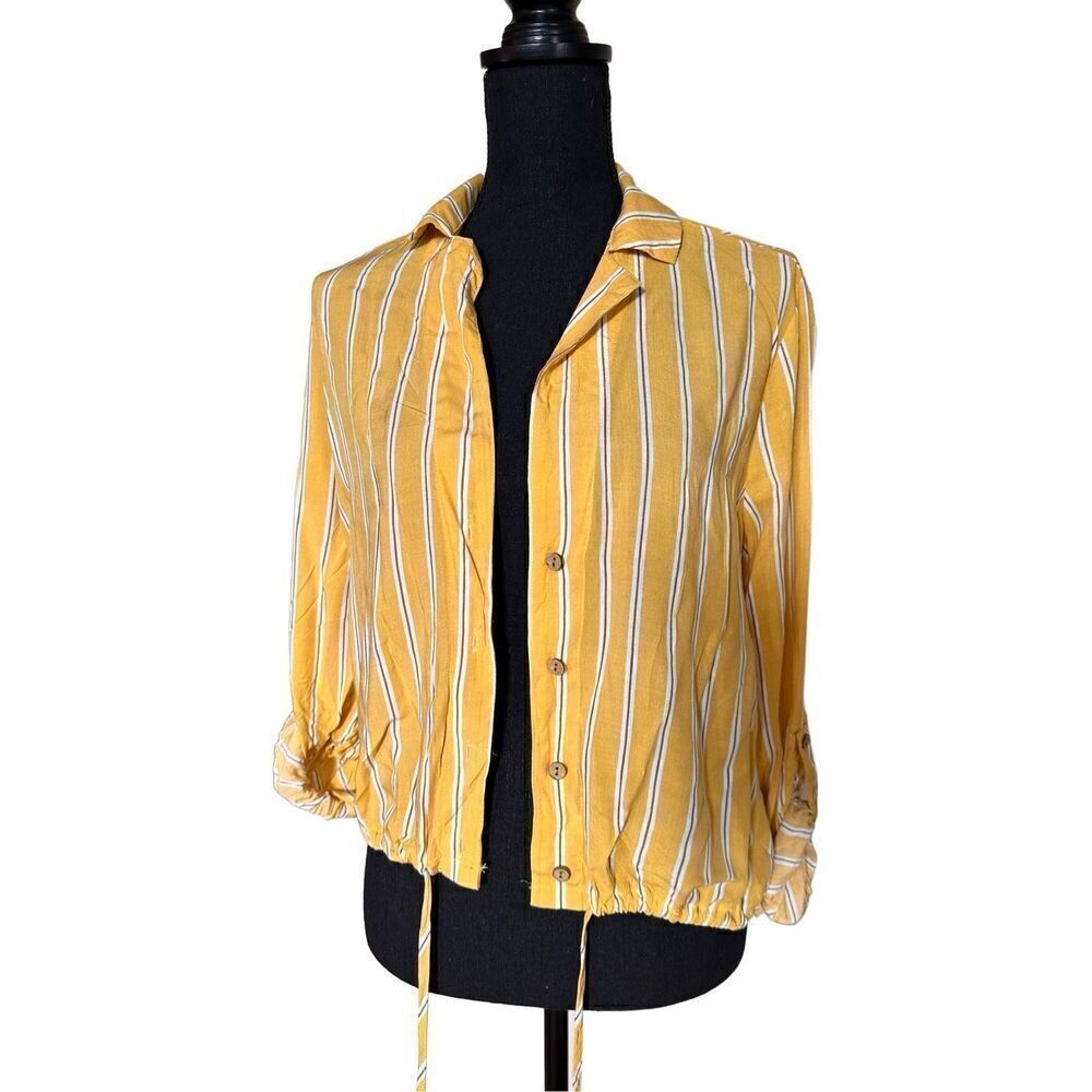 Passport Yellow, Tan & White Striped Button Down Crop Top with Front Tie at Wais